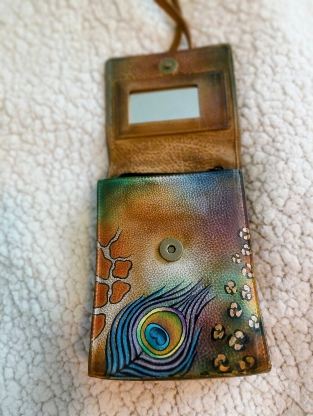 Anuschka Multicolor Peacock Feather & Floral Leather Crossbody Purse Very Good - Picture 4 of 15